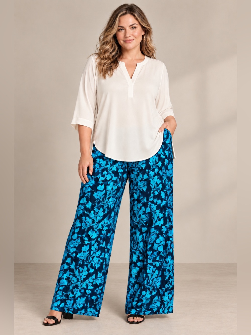 Lane Bryant Floral Pull On Wide Leg Slinky Pants Turquoise Stretch Travel 14/16